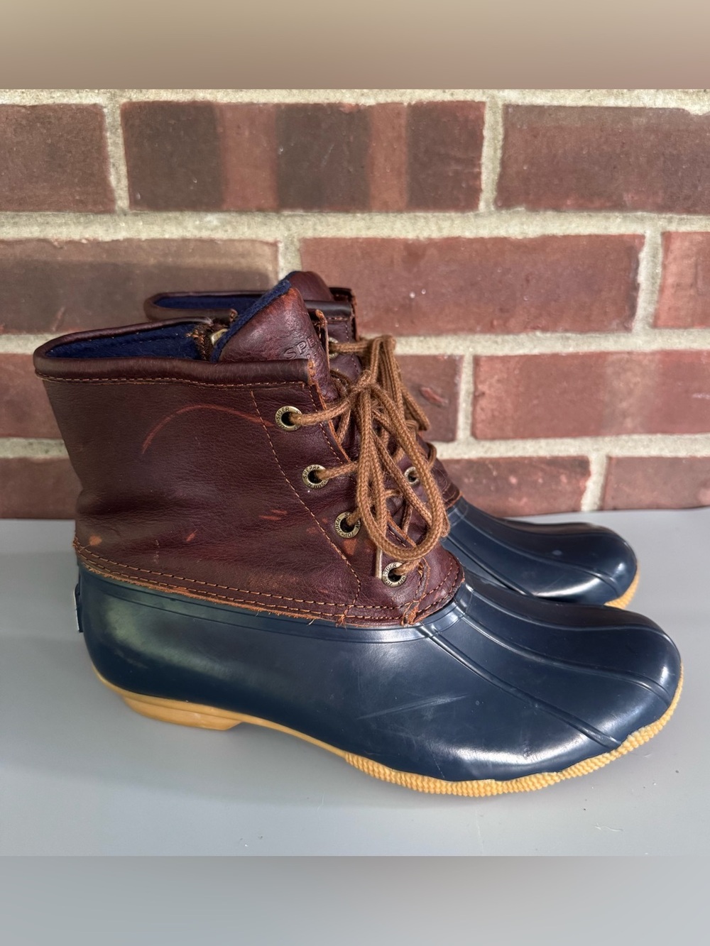Sperry Top-Sider Saltwater Duck Boots Women US 6.5 Brown Leather Navy Waterproof
